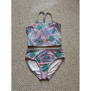 Quince Girls Pink Tropical Palm Leaf Two Piece Tankini Swimsuit Size 10
